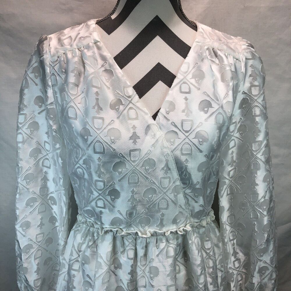 Topshop Lacrosse Print V-Neck Sheer Overlay 3/4 Sleeve White Dress Size 6 EEE9